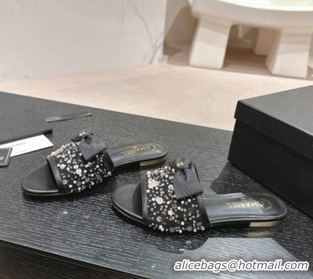 Low Cost Chanel Fabric Flat Slide Sandals with Bow and Crystals G45691 Black 424169