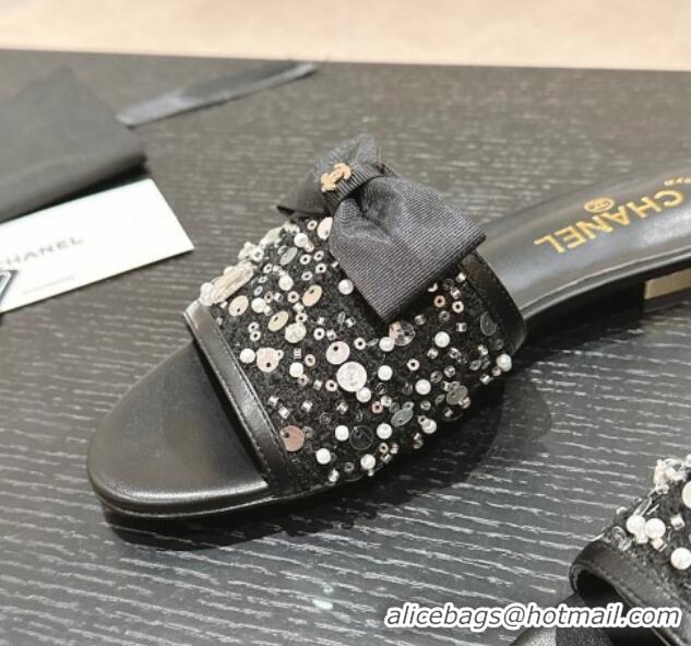 Low Cost Chanel Fabric Flat Slide Sandals with Bow and Crystals G45691 Black 424169