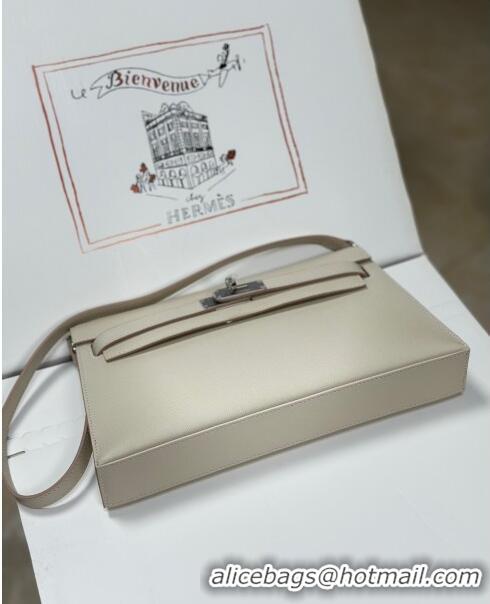 New Fashion Hermes Kelly Elan Bag in Madame Leather 2201 White/Silver 2024 (Half Handmade)