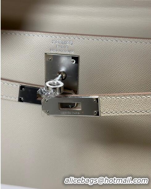 New Fashion Hermes Kelly Elan Bag in Madame Leather 2201 White/Silver 2024 (Half Handmade)