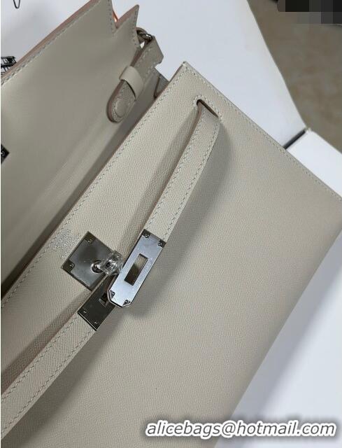 New Fashion Hermes Kelly Elan Bag in Madame Leather 2201 White/Silver 2024 (Half Handmade)