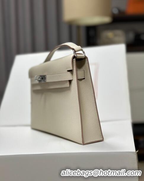 New Fashion Hermes Kelly Elan Bag in Madame Leather 2201 White/Silver 2024 (Half Handmade)