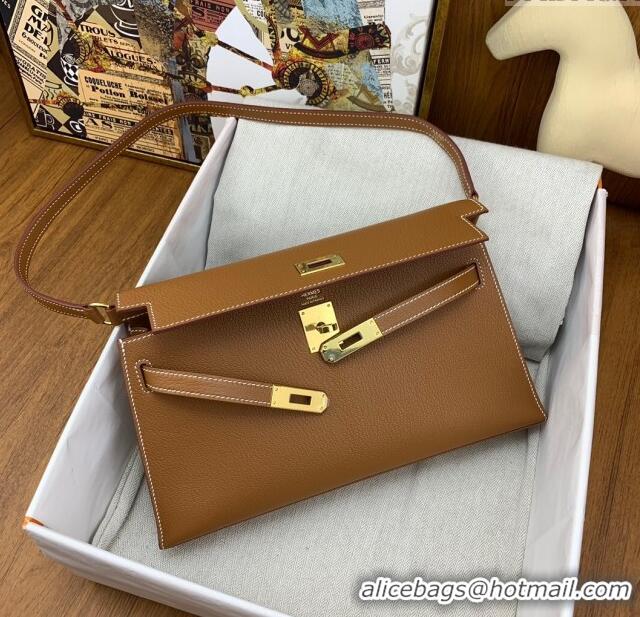 Luxurious Hermes Kelly Elan Bag in Chèvre Leather 2201 Brown/Gold 2024 (Half Handmade)