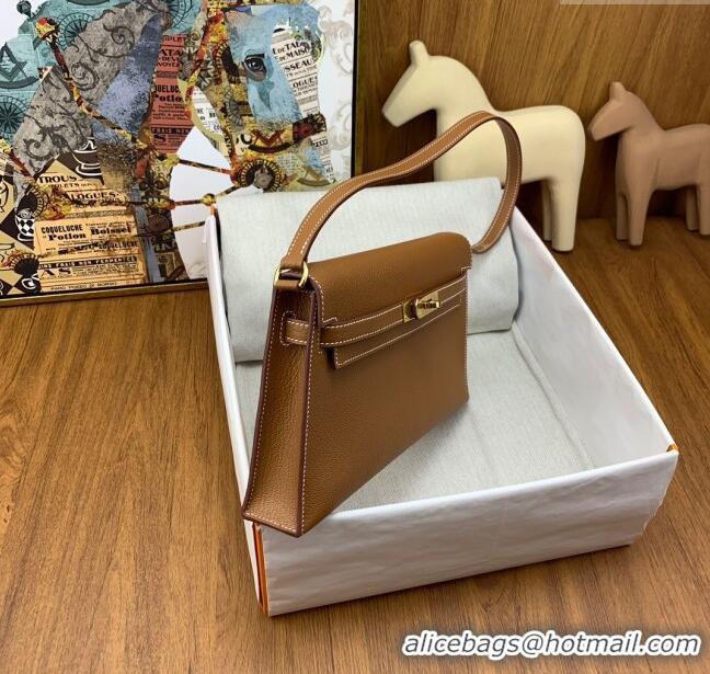 Luxurious Hermes Kelly Elan Bag in Chèvre Leather 2201 Brown/Gold 2024 (Half Handmade)