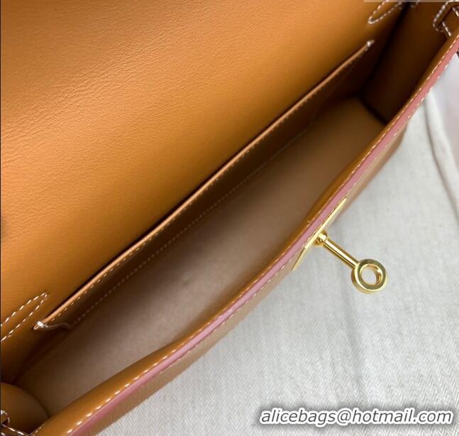 Luxurious Hermes Kelly Elan Bag in Chèvre Leather 2201 Brown/Gold 2024 (Half Handmade)