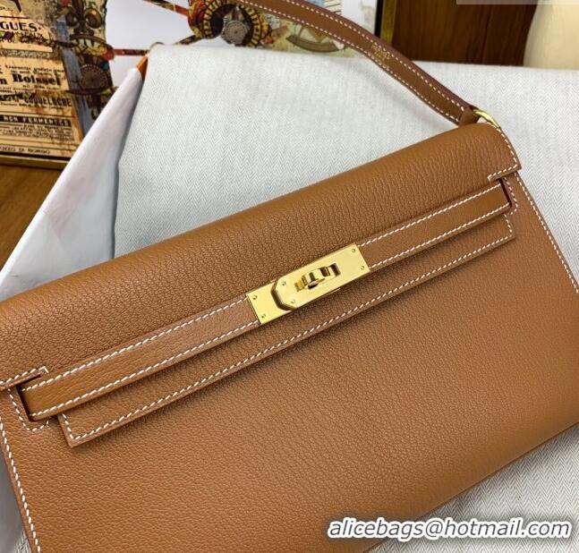 Luxurious Hermes Kelly Elan Bag in Chèvre Leather 2201 Brown/Gold 2024 (Half Handmade)