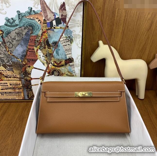 Luxurious Hermes Kelly Elan Bag in Chèvre Leather 2201 Brown/Gold 2024 (Half Handmade)