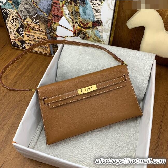 Luxurious Hermes Kelly Elan Bag in Chèvre Leather 2201 Brown/Gold 2024 (Half Handmade)