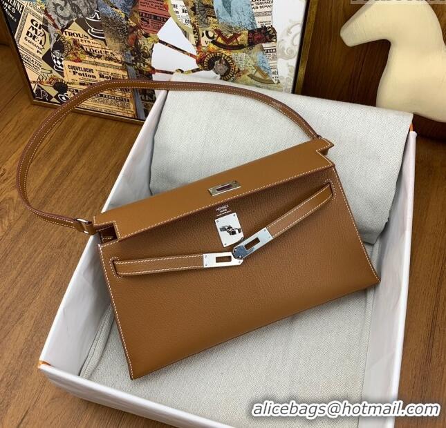 Famous Brand Hermes Kelly Elan Bag in Chèvre Leather 2202 Brown/Silver 2024 (Half Handmade)