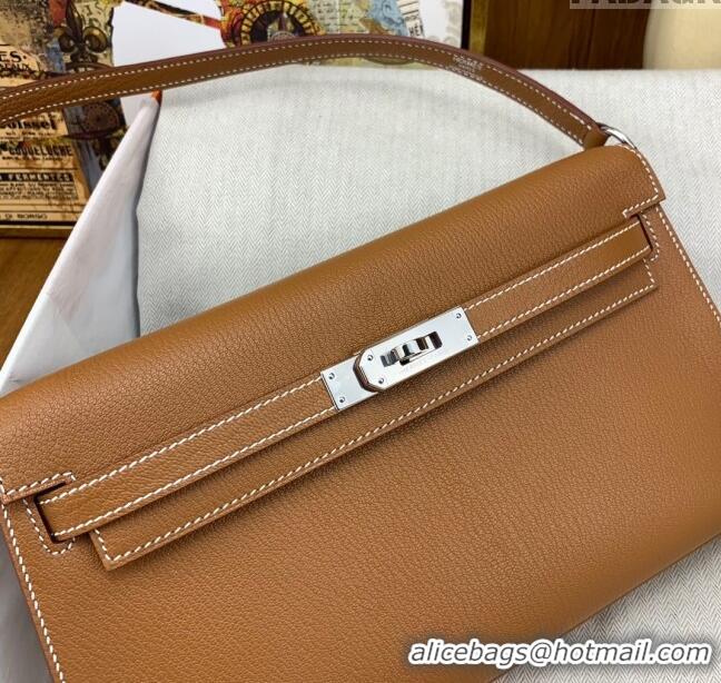 Famous Brand Hermes Kelly Elan Bag in Chèvre Leather 2202 Brown/Silver 2024 (Half Handmade)