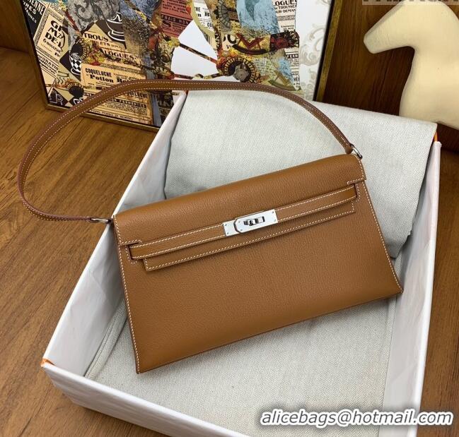 Famous Brand Hermes Kelly Elan Bag in Chèvre Leather 2202 Brown/Silver 2024 (Half Handmade)