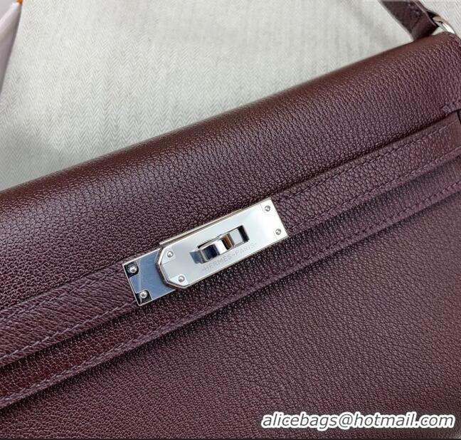 Super Quality Hermes Kelly Elan Bag in Chèvre Leather 2202 Burgundy/Silver 2024 (Half Handmade)