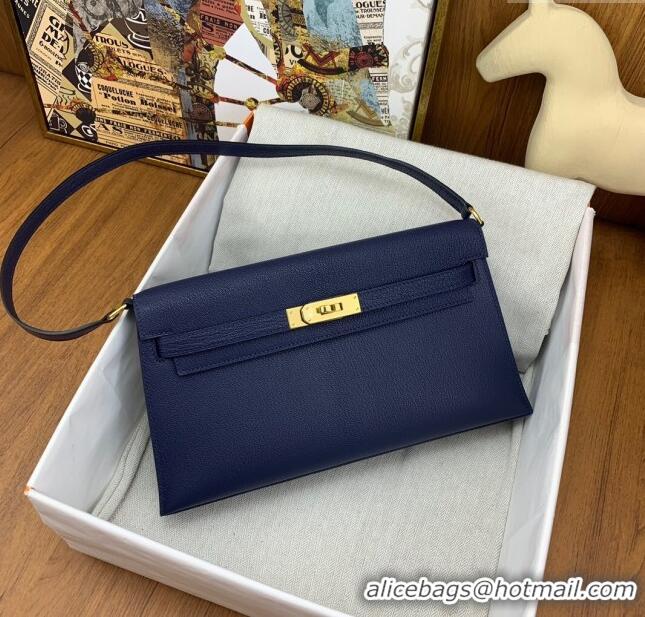 New Style Hermes Kelly Elan Bag in Chèvre Leather 2202 Blue/Gold 2024 (Half Handmade)