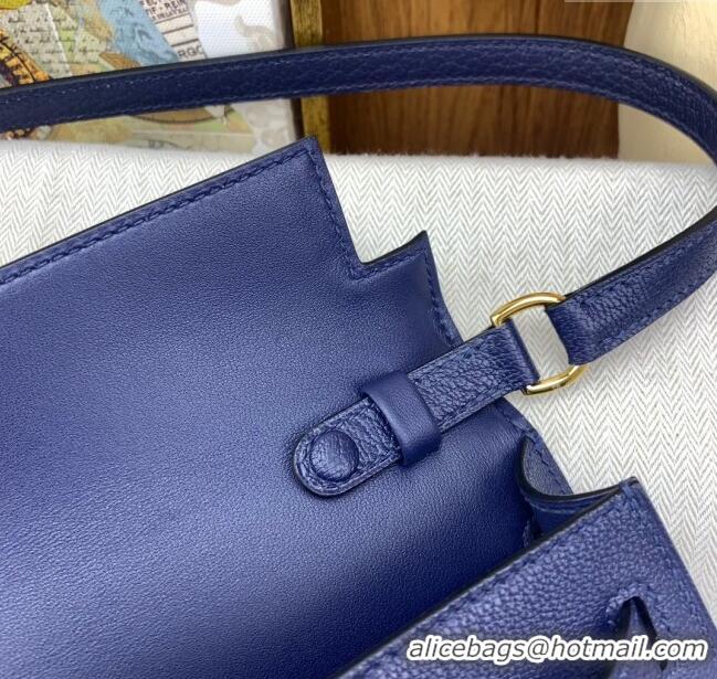 New Style Hermes Kelly Elan Bag in Chèvre Leather 2202 Blue/Gold 2024 (Half Handmade)