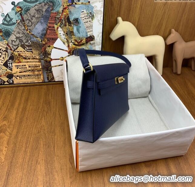 New Style Hermes Kelly Elan Bag in Chèvre Leather 2202 Blue/Gold 2024 (Half Handmade)