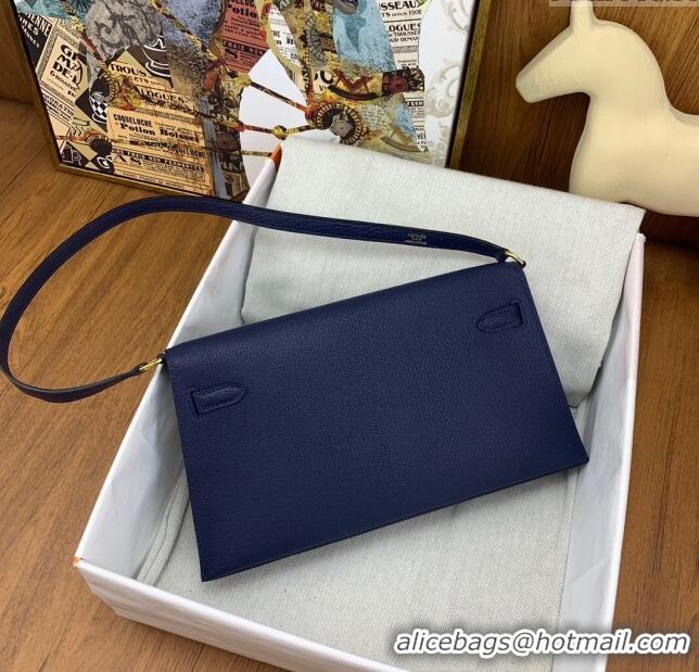 New Style Hermes Kelly Elan Bag in Chèvre Leather 2202 Blue/Gold 2024 (Half Handmade)