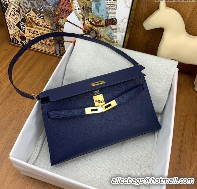 New Style Hermes Kelly Elan Bag in Chèvre Leather 2202 Blue/Gold 2024 (Half Handmade)