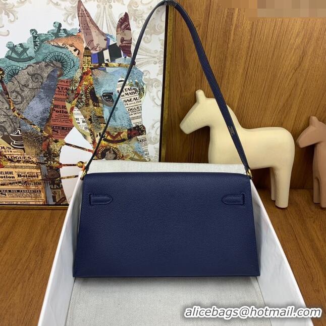 New Style Hermes Kelly Elan Bag in Chèvre Leather 2202 Blue/Gold 2024 (Half Handmade)