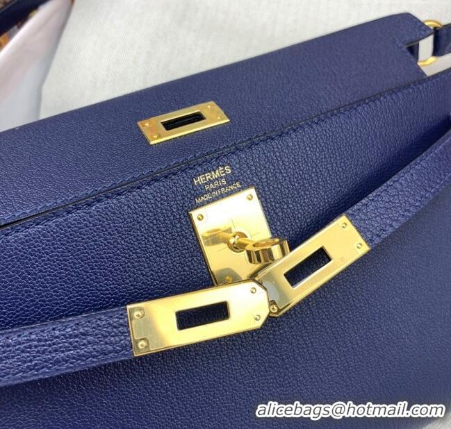 New Style Hermes Kelly Elan Bag in Chèvre Leather 2202 Blue/Gold 2024 (Half Handmade)