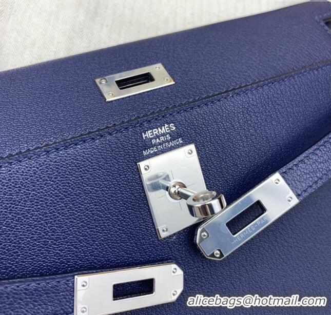 New Style Hermes Kelly Elan Bag in Chèvre Leather 2202 Blue/Silver 2024 (Half Handmade)