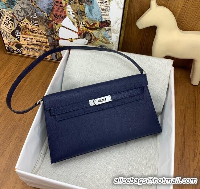 New Style Hermes Kelly Elan Bag in Chèvre Leather 2202 Blue/Silver 2024 (Half Handmade)