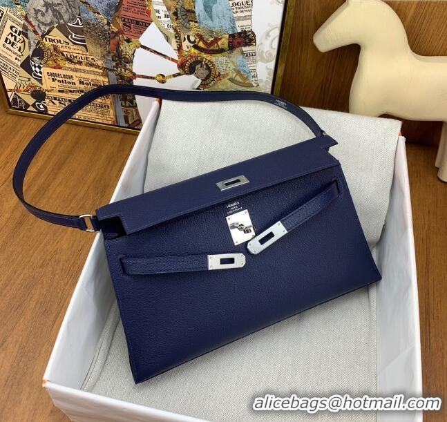 New Style Hermes Kelly Elan Bag in Chèvre Leather 2202 Blue/Silver 2024 (Half Handmade)