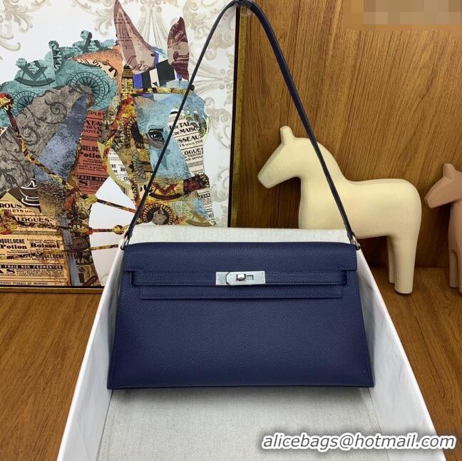 New Style Hermes Kelly Elan Bag in Chèvre Leather 2202 Blue/Silver 2024 (Half Handmade)