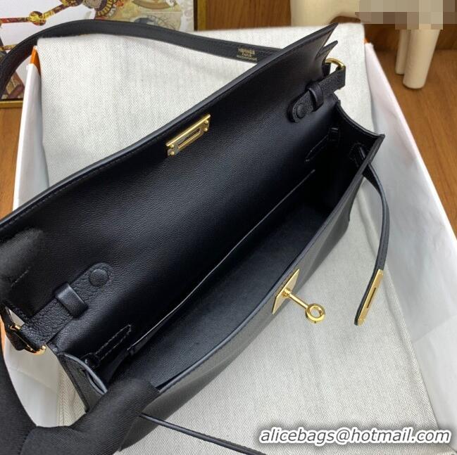 Top Grade Hermes Kelly Elan Bag in Chèvre Leather 2202 Black/Gold 2024 (Half Handmade)