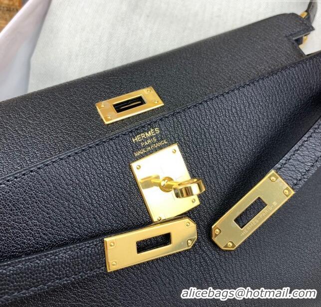 Top Grade Hermes Kelly Elan Bag in Chèvre Leather 2202 Black/Gold 2024 (Half Handmade)