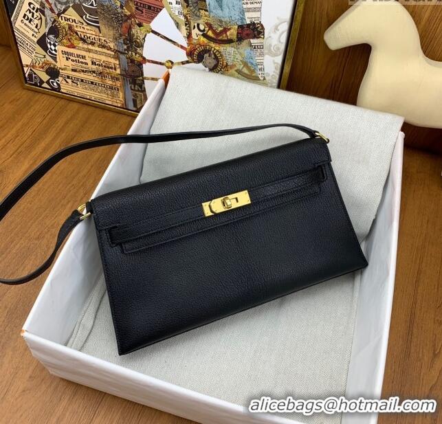 Top Grade Hermes Kelly Elan Bag in Chèvre Leather 2202 Black/Gold 2024 (Half Handmade)