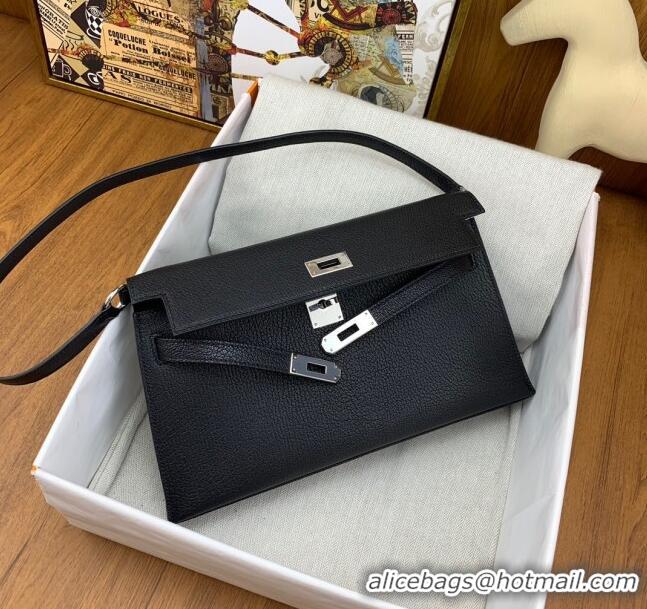 New Fashion Hermes Kelly Elan Bag in Chèvre Leather 2202 Black/Silver 2024 (Half Handmade)