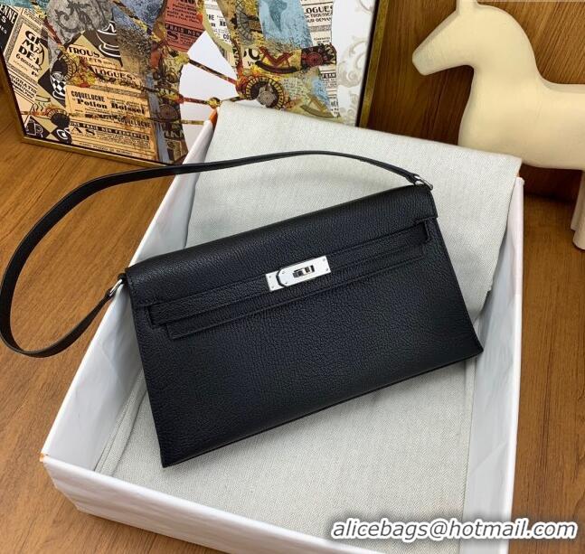 New Fashion Hermes Kelly Elan Bag in Chèvre Leather 2202 Black/Silver 2024 (Half Handmade)