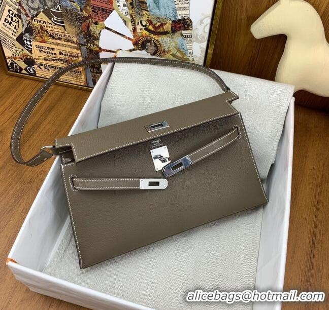 New Fashion Hermes Kelly Elan Bag in Chèvre Leather 2202 Etoupe/Silver 2024 (Half Handmade)