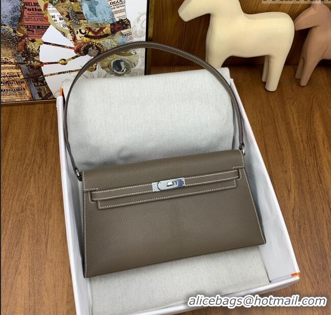 New Fashion Hermes Kelly Elan Bag in Chèvre Leather 2202 Etoupe/Silver 2024 (Half Handmade)