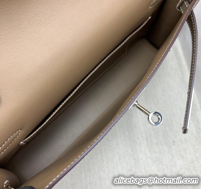 New Fashion Hermes Kelly Elan Bag in Chèvre Leather 2202 Etoupe/Silver 2024 (Half Handmade)