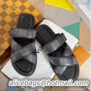 ​Buy Discount Louis Vuitton Men's LV Venice Flat Slide Sandals in Damier Leather L6094 Black 2024