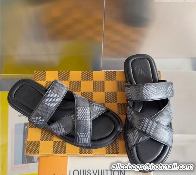 ​Buy Discount Louis Vuitton Men's LV Venice Flat Slide Sandals in Damier Leather L6094 Black 2024