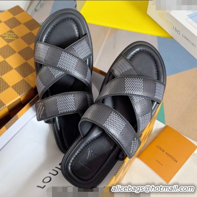 ​Buy Discount Louis Vuitton Men's LV Venice Flat Slide Sandals in Damier Leather L6094 Black 2024