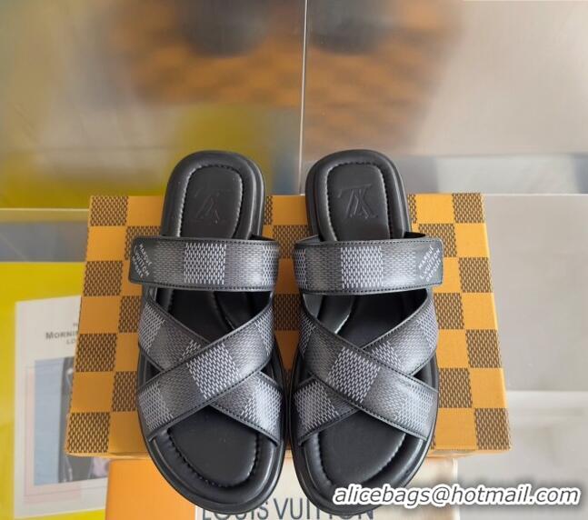 ​Buy Discount Louis Vuitton Men's LV Venice Flat Slide Sandals in Damier Leather L6094 Black 2024