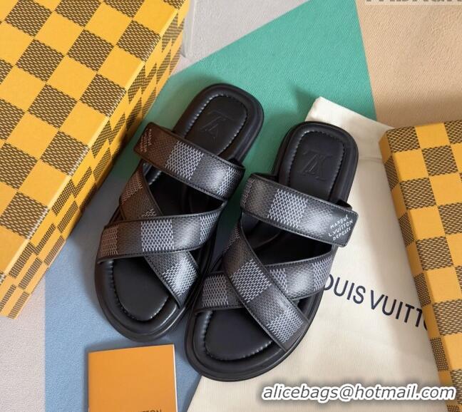 ​Buy Discount Louis Vuitton Men's LV Venice Flat Slide Sandals in Damier Leather L6094 Black 2024