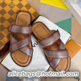 Inexpensive Louis Vuitton Men's LV Venice Flat Slide Sandals in Damier Leather L6094 Brown 2024