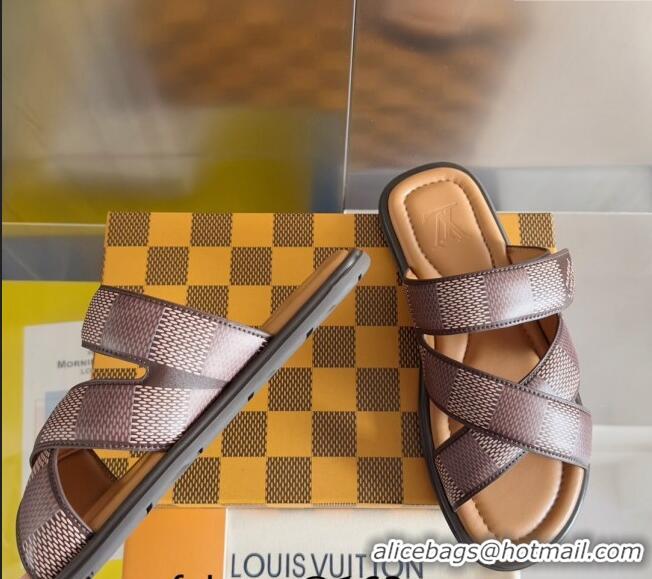 Inexpensive Louis Vuitton Men's LV Venice Flat Slide Sandals in Damier Leather L6094 Brown 2024