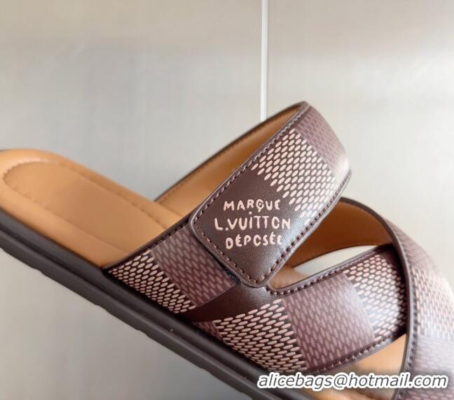 Inexpensive Louis Vuitton Men's LV Venice Flat Slide Sandals in Damier Leather L6094 Brown 2024