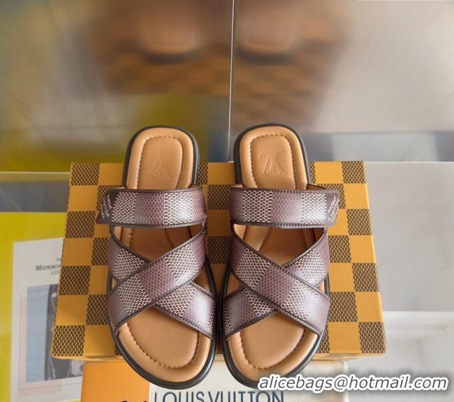 Inexpensive Louis Vuitton Men's LV Venice Flat Slide Sandals in Damier Leather L6094 Brown 2024