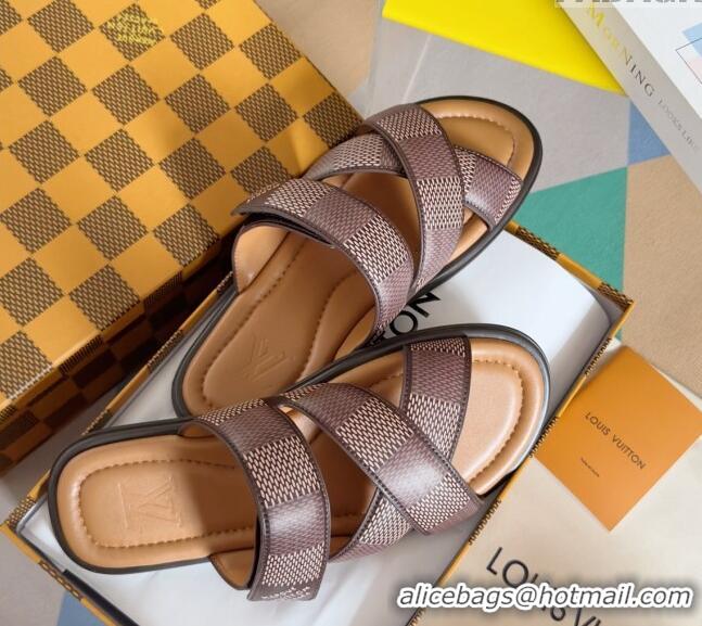 Inexpensive Louis Vuitton Men's LV Venice Flat Slide Sandals in Damier Leather L6094 Brown 2024