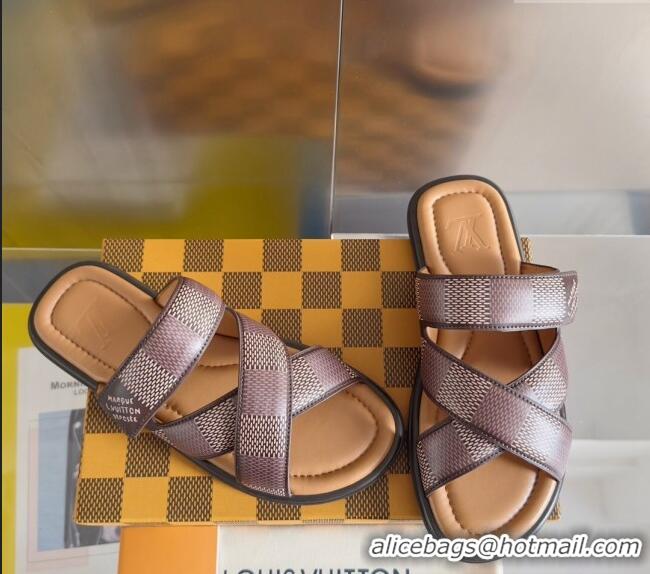 Inexpensive Louis Vuitton Men's LV Venice Flat Slide Sandals in Damier Leather L6094 Brown 2024