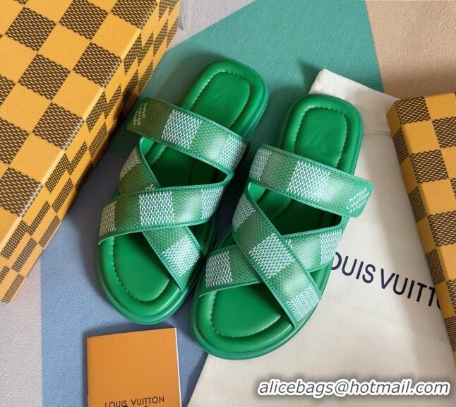 Best Quality Louis Vuitton Men's LV Venice Flat Slide Sandals in Damier Leather L6094 Green 2024