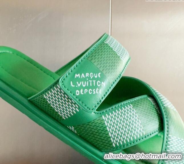 Best Quality Louis Vuitton Men's LV Venice Flat Slide Sandals in Damier Leather L6094 Green 2024