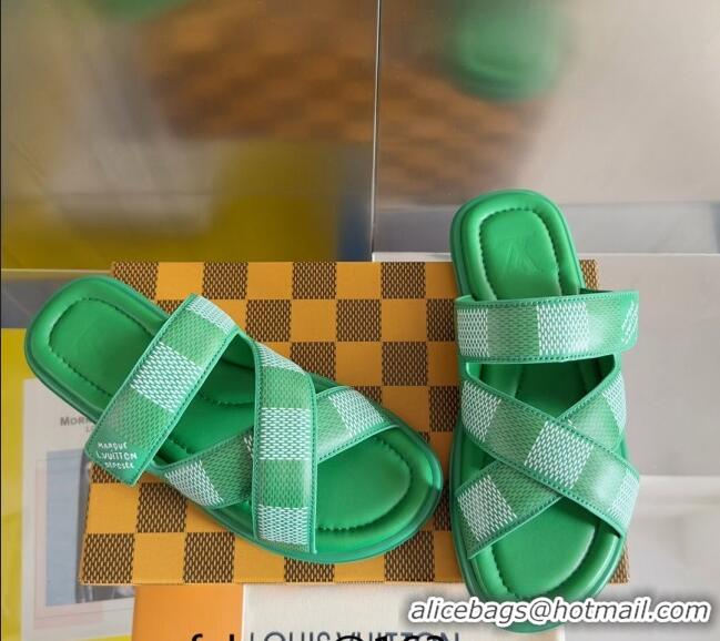 Best Quality Louis Vuitton Men's LV Venice Flat Slide Sandals in Damier Leather L6094 Green 2024