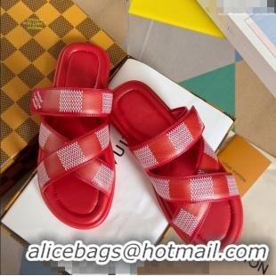 Famous Brand Louis Vuitton Men's LV Venice Flat Slide Sandals in Damier Leather L6094 Red 2024